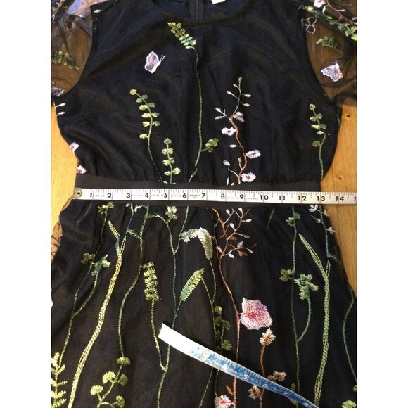 Black Floral Embroidered Dress Size M Long Mesh Sleeves Whimsigoth Fairygrunge - Picture 12 of 13